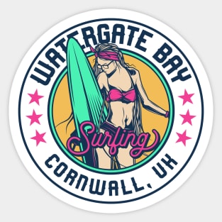 Retro Surfer Babe Badge Watergate Bay Cornwall UK Sticker